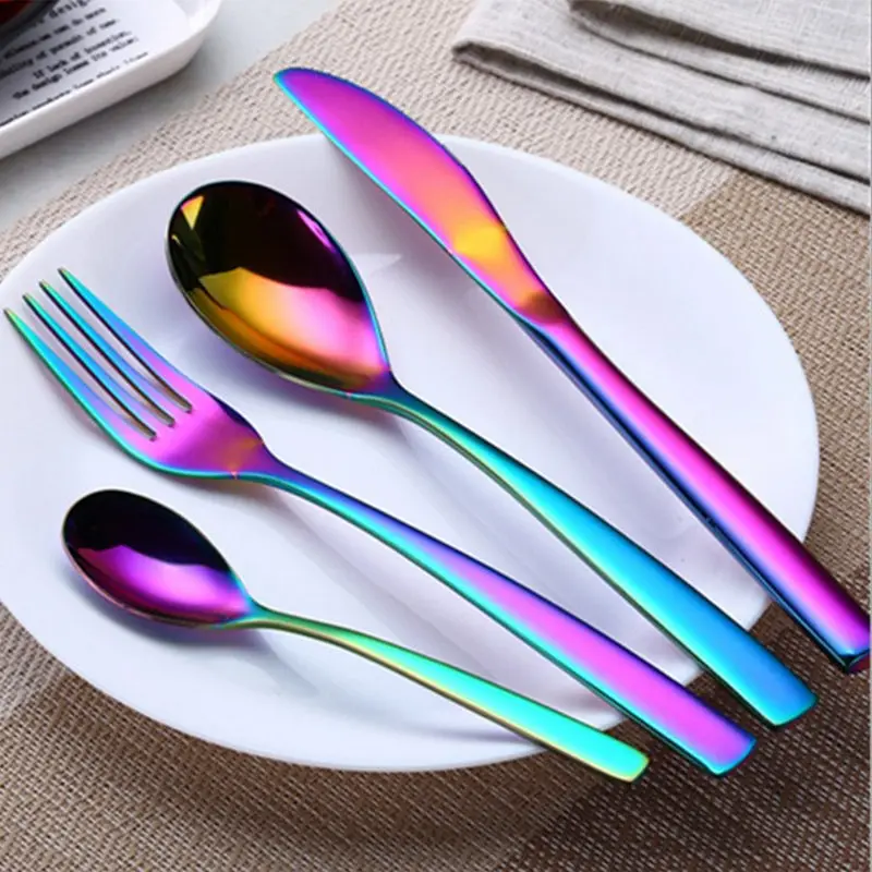 

KuBac Hommi 24pcs Colorful Cutlery Set 18/10 Stainless Steel Rainbow Dinnerware Dinner Knife Gold Black Silver Tableware Set