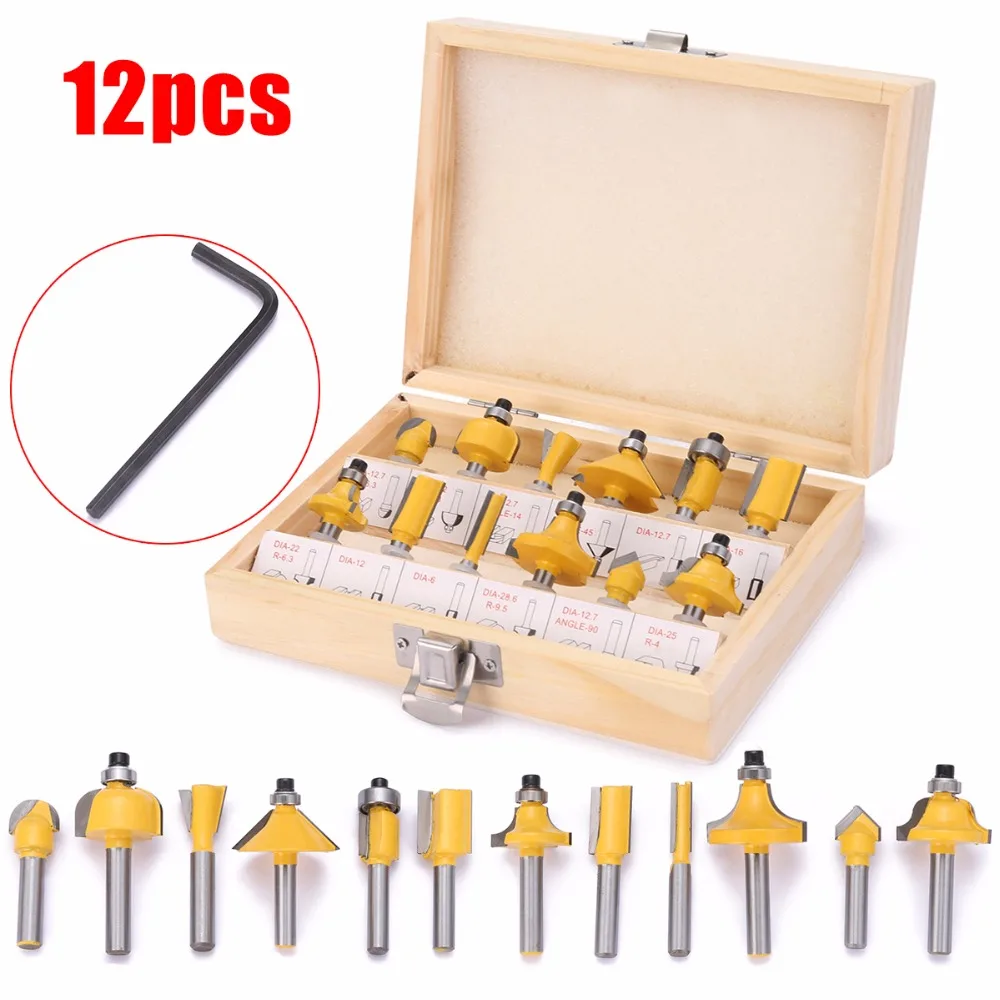 12pcs 1/4'' Straight Shank Carbide Router Bit Set Woodworking Cutter Tool With Wooden Box Yellow Milling Cutter
12pcs 1/4'' Straight Shank Carbide Router Bit Set Woodworking Cutter Tool With Wooden Box Yellow Milling Cutter