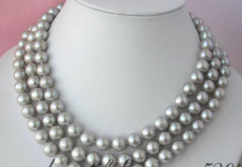 

FREE shipping>>>>2363 3row 11mm round gray freshwater pearl necklace silver mabe 6.07 6.8 6.09