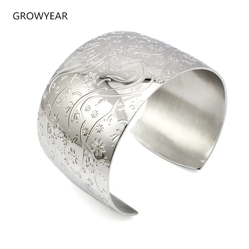 

Wide Silver Color Flower Cuff Bangles And Bracelets Stainless Steel Fashion Jewelry Women Girls