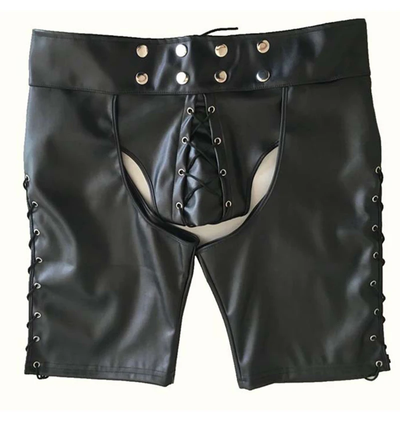2019 Sexy Lingerie New Hot Black Mens Latex PVC Bondage Open Cortch Shorts Gothic Fetish Gay Men Faux Leather Lace Up Pants (3)