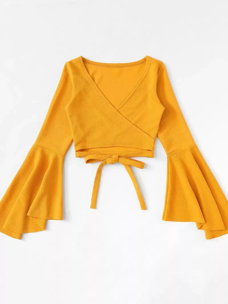 Women Tshirt Femme Bandage Long Sleeve Sexy Casual Crop Top JKP4298