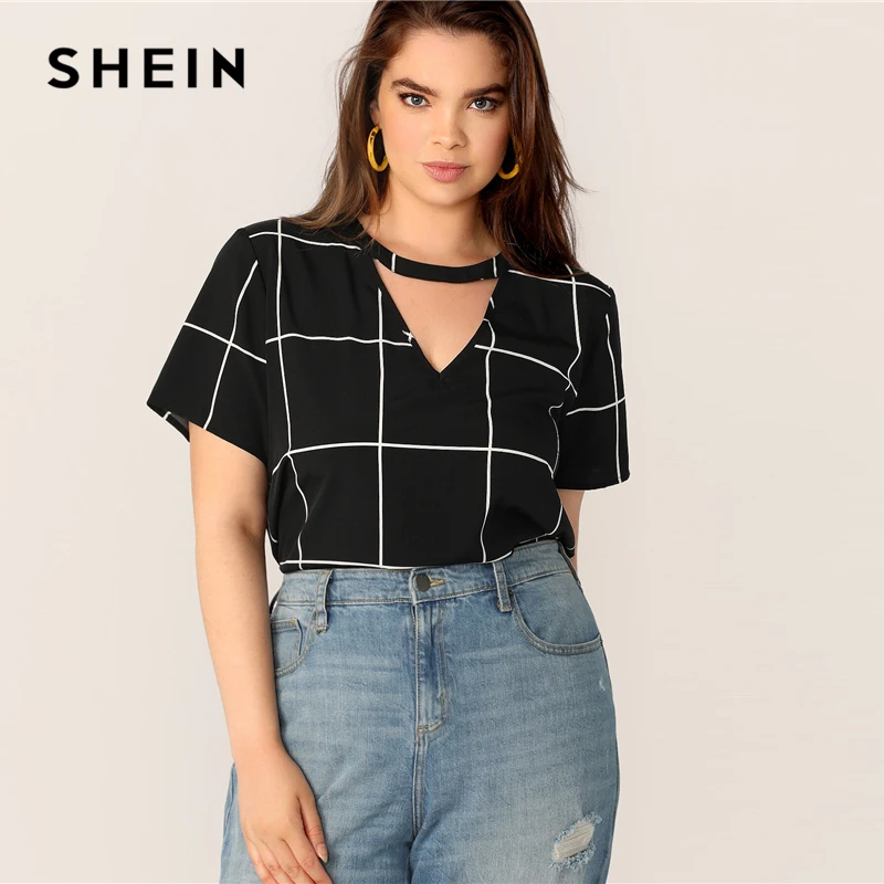 SHEIN Plus Size Black Grid Keyhole Back Choker Neck Plaid Top Blouse 2019 Women Summer Casual V Neck Cut Out Button Blouse Shirt
SHEIN Plus Size Black Grid Keyhole Back Choker Neck Plaid Top Blouse 2019 Women Summer Casual V Neck Cut Out Button Blouse Shirt