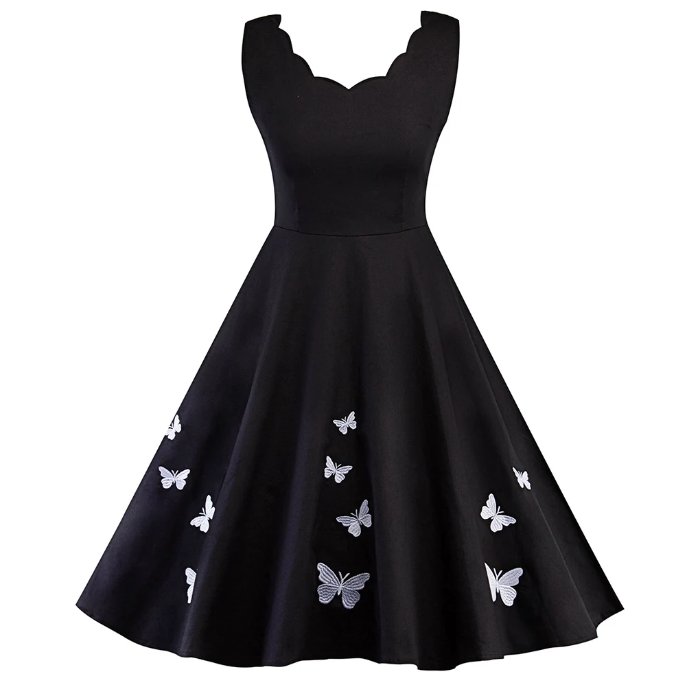 black dress with scalloped neckline