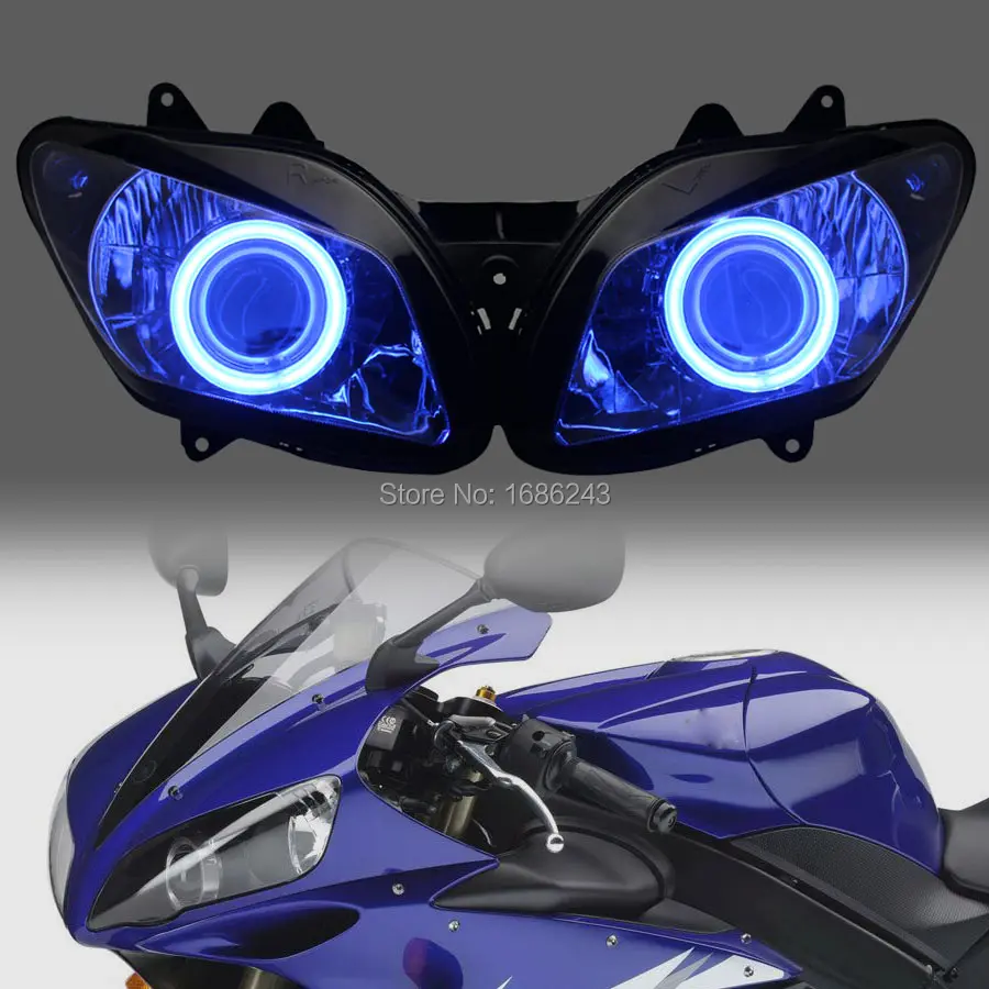 New Motorcycle 35W HID Projector Headlight Assembly White Angel Blue Demon Eyes Fits For Yamaha YZF R1 2002-2003
New Motorcycle 35W HID Projector Headlight Assembly White Angel Blue Demon Eyes Fits For Yamaha YZF R1 2002-2003