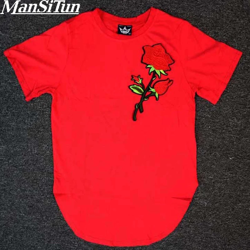 

Man Si Tun Fashion Hipster Rock Rapper Hiphop O-neck Rose Embroidery Solid T-shirt Extended Lengthen High Street Tee Shirt Men