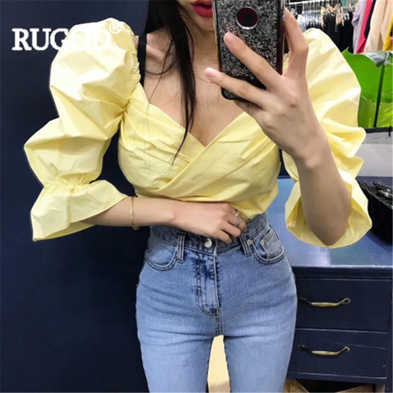 RUGOD/однотонные Модные женские блузки с v-образным вырезом пышные рукава пикантные