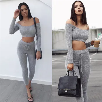 Fashion Women Sexy Off Shoulder Crop Tops Blouses Long Pants 2Pcs Set Casual Knitted Suit Tracksuits Autumn Gray
Fashion Women Sexy Off Shoulder Crop Tops Blouses Long Pants 2Pcs Set Casual Knitted Suit Tracksuits Autumn Gray
