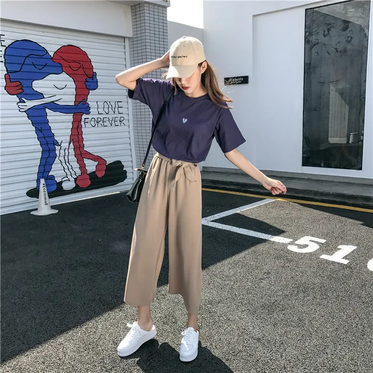 Plus Size - Casual Elastic Waist Loose Wide Leg Pants Preppy Style Trousers Female Palazzo Pants (Us 18W-20W)