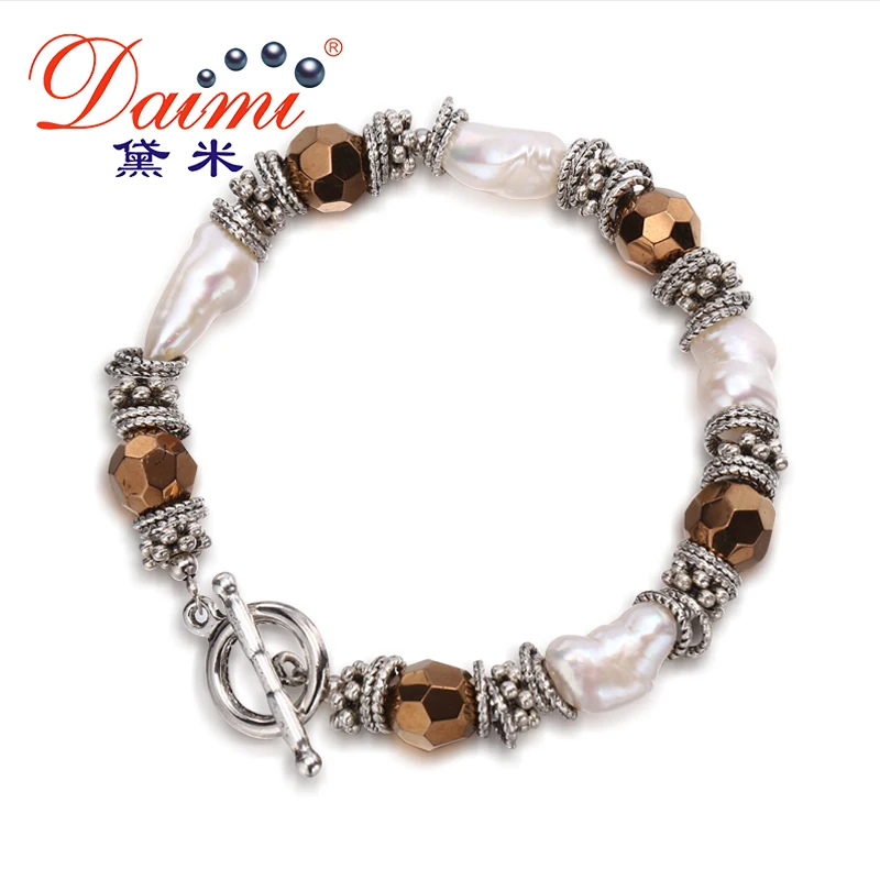 DAIMI Vintage Bracelet Brown Ball with White Baroque Pearls 9-10mm Bohemia Bracelet Toggle Clasp For Unisex
DAIMI Vintage Bracelet Brown Ball with White Baroque Pearls 9-10mm Bohemia Bracelet Toggle Clasp For Unisex