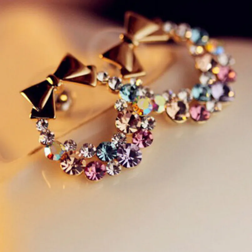 Image Free Shipping $10 (mix Order) New Fashion Imitation Colorful Rhinestone Bow Earrings E41 Vintage Jewelry