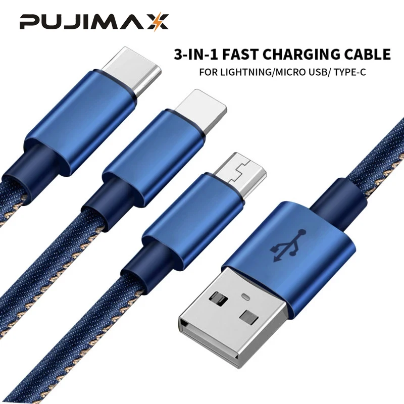 PUJIMAX USB Cable 3 in 1 For iPhone 6s MAX XS Denim Charging Charger Micro usb cable For Android USB Type C Mobile Phone Cables
PUJIMAX USB Cable 3 in 1 For iPhone 6s MAX XS Denim Charging Charger Micro usb cable For Android USB Type C Mobile Phone Cables