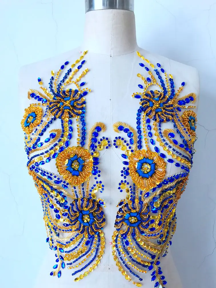 

zbroh Pure hand made dazzling deep blue/golden sew on Rhinestones applique on mesh crystals patches 41*39cm DIY dress accessory