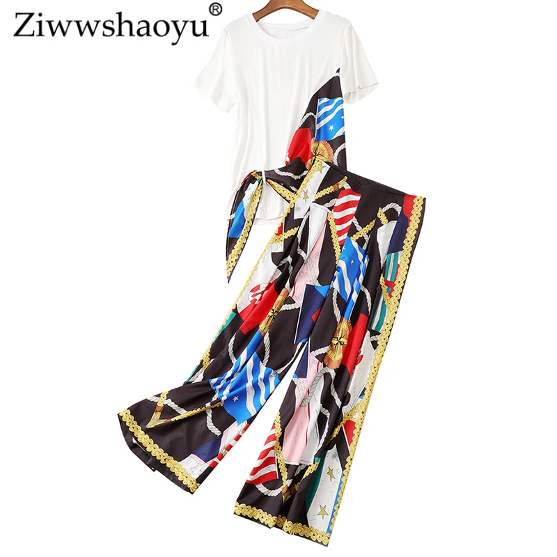 Ziwwshaoyu Fashion Print Sets O-Neck Patchwork irregular T-shirt + High waist Wide leg pants Two-piece set New women's
Ziwwshaoyu Fashion Print Sets O-Neck Patchwork irregular T-shirt + High waist Wide leg pants Two-piece set New women's