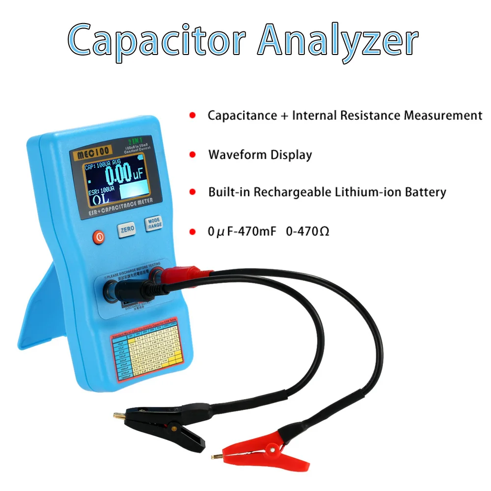 2 in 1 Digital Auto-ranging Capacitor ESR Meter Quality Capacitance Tester Internal Resistance Measurement with SMD Test Clips
2 in 1 Digital Auto-ranging Capacitor ESR Meter Quality Capacitance Tester Internal Resistance Measurement with SMD Test Clips