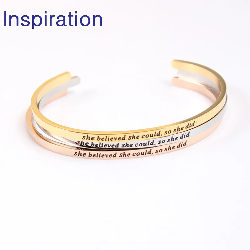 

Stainless Steel Inspirational Jewelry ID Bar Bangle Handmade she believed she could, so she did Mantra Bracelets Open Cuff