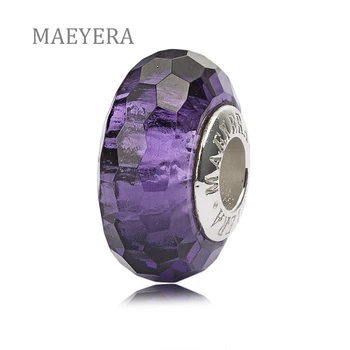 

MAEYERA 925 Silver Violet Glossy Silver Foil Facet Beads Murano Glass Beads Fit European Charm Bracelet DIY Jewery