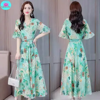 2019 women's European and American fashion summer new long paragraph large size slim green print dress
2019 women's European and American fashion summer new long paragraph large size slim green print dress