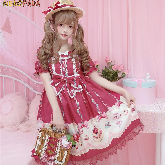 

Strawberry Cake Cute Women's Lolita JSK Dress &OP Dress Summer Dress Bows Lace Trim One Piece Red White 2 Type Sweet