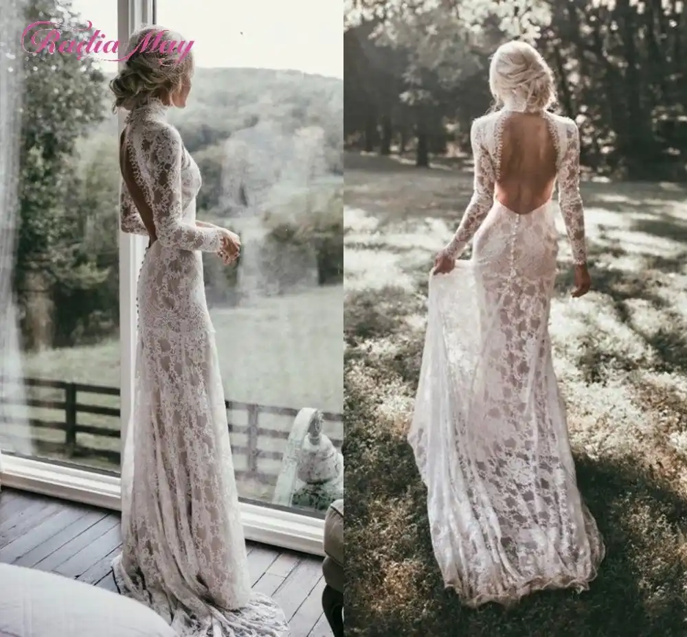 Vestido De Novia Bohemio De Manga Larga Encaje Vintage 2020 Cuello Alto Espalda Abierta Elegante Vestidos De Boda Bohemios Vestido De Novia Sirena Gooum