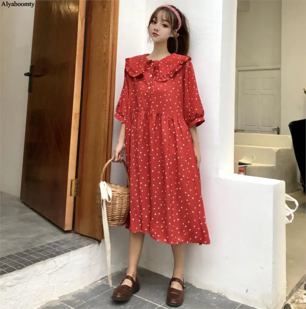 New Spring Summer Women Japanese Oversize Cute Dress Ruffled Collar Red Polka Dot Loose Dress Half Sleeve Mori Girl Kawaii Dress
New Spring Summer Women Japanese Oversize Cute Dress Ruffled Collar Red Polka Dot Loose Dress Half Sleeve Mori Girl Kawaii Dress