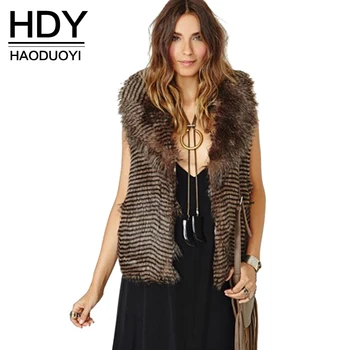 

HDY Haoduoyi Brown Fashion Vests Women Sleeveless Turn-down Collar Female Outwear Loose Casual Wavy Striped Faux Fur Coat