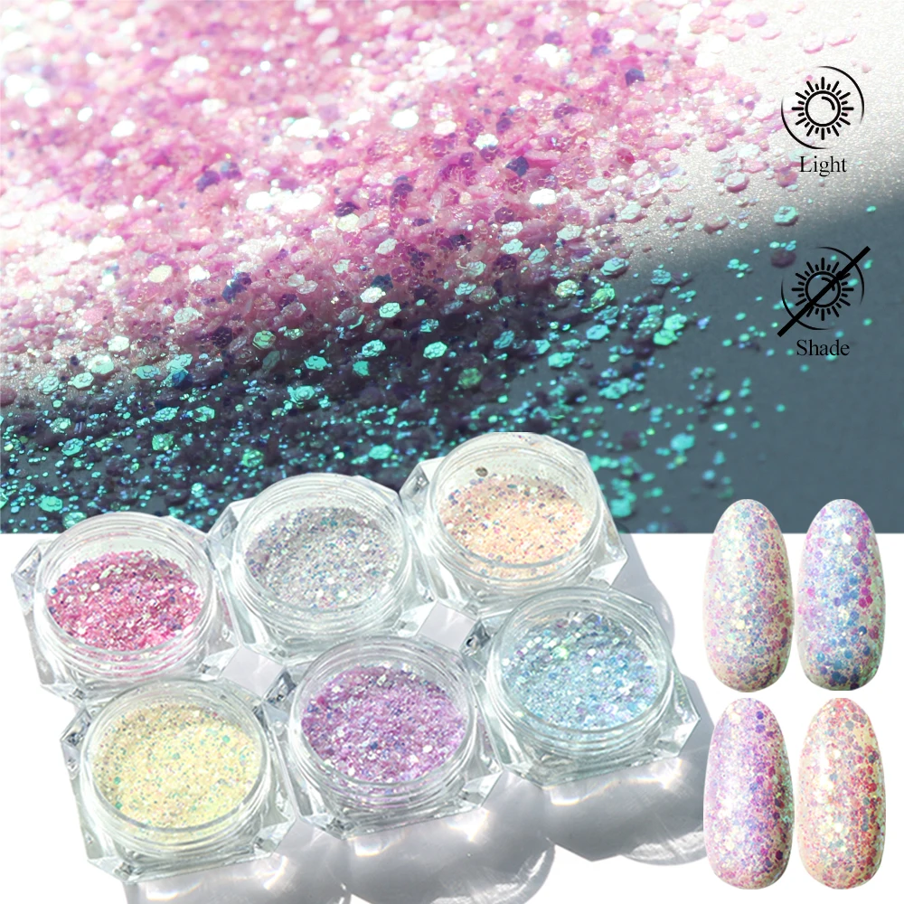 6pcs Chameleon Color Change Holographic Nail Powder Irregular Confetti Sparkle Flakes Mix Nail Glitter Pigment Decoration SA722
6pcs Chameleon Color Change Holographic Nail Powder Irregular Confetti Sparkle Flakes Mix Nail Glitter Pigment Decoration SA722