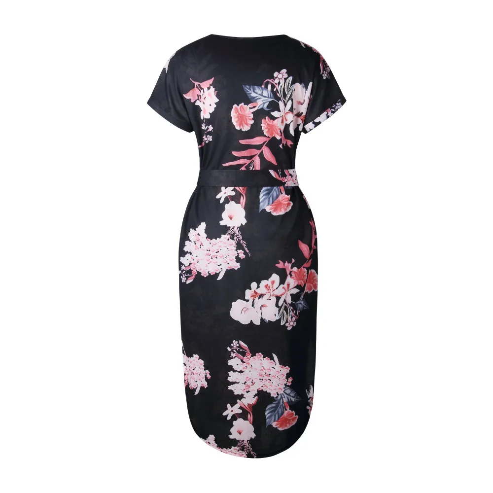 black  Print V Neck Short Sleeve Casual Midi Dress 