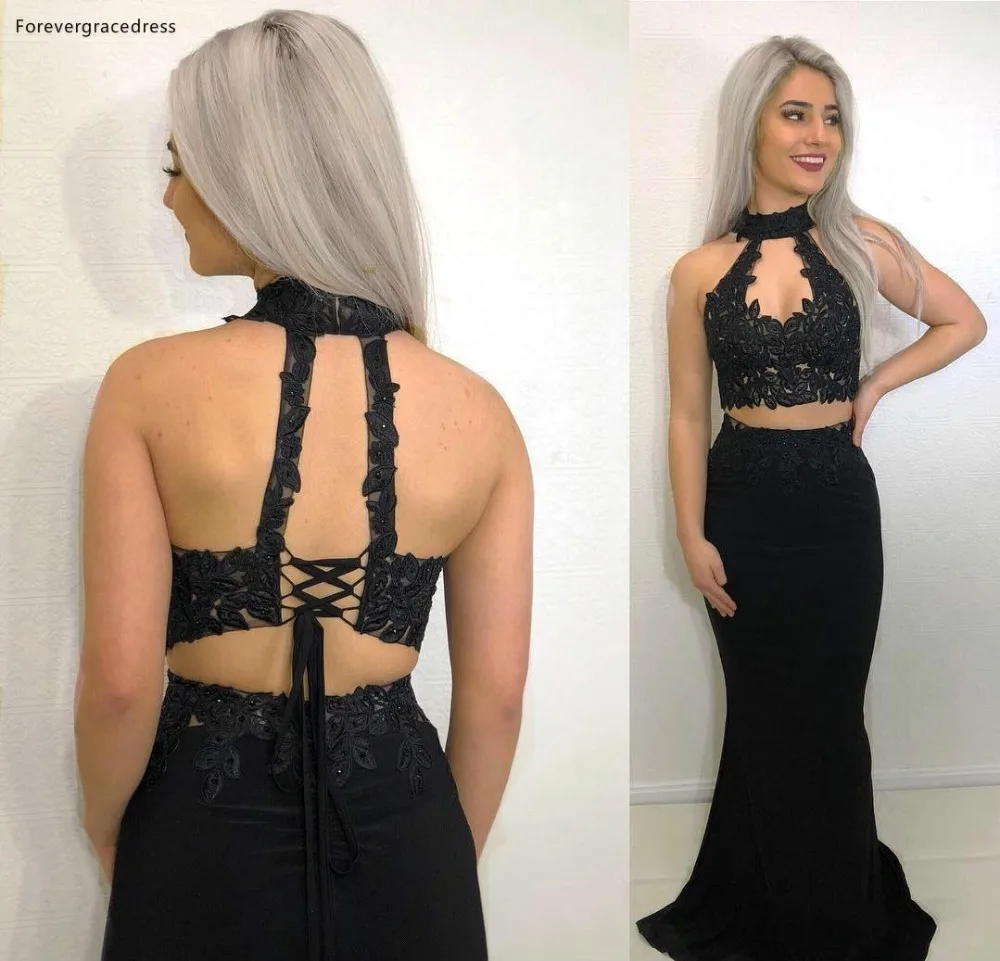 Hot Sell Two Pieces Prom Dresses 2019 Black Halter Neck Lace Crop Long Satin Evening Gowns Junior Sweet 15 Occasion Party Dress BC0891 119 (4)