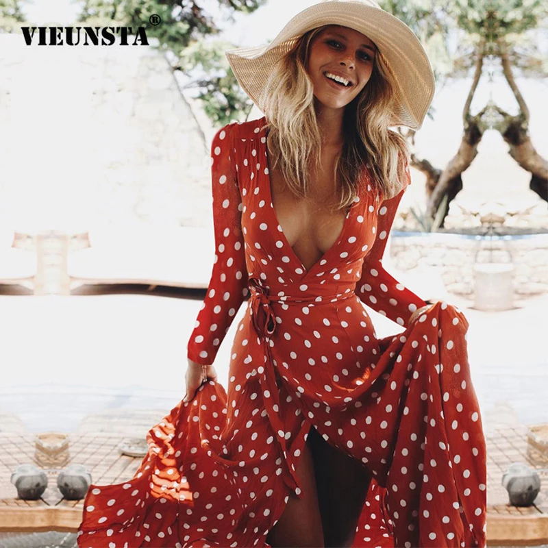 VIEUNSTA Bohemian Polka Dot Side Split Long Dress Women Sexy Deep V Neck Lace-Up Sashes Maxi Dresses Long Sleeve Autumn Dress
VIEUNSTA Bohemian Polka Dot Side Split Long Dress Women Sexy Deep V Neck Lace-Up Sashes Maxi Dresses Long Sleeve Autumn Dress