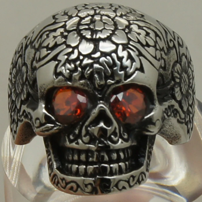 

cool men red cz stone eye evil flower carved skull 316L stainless steel ring