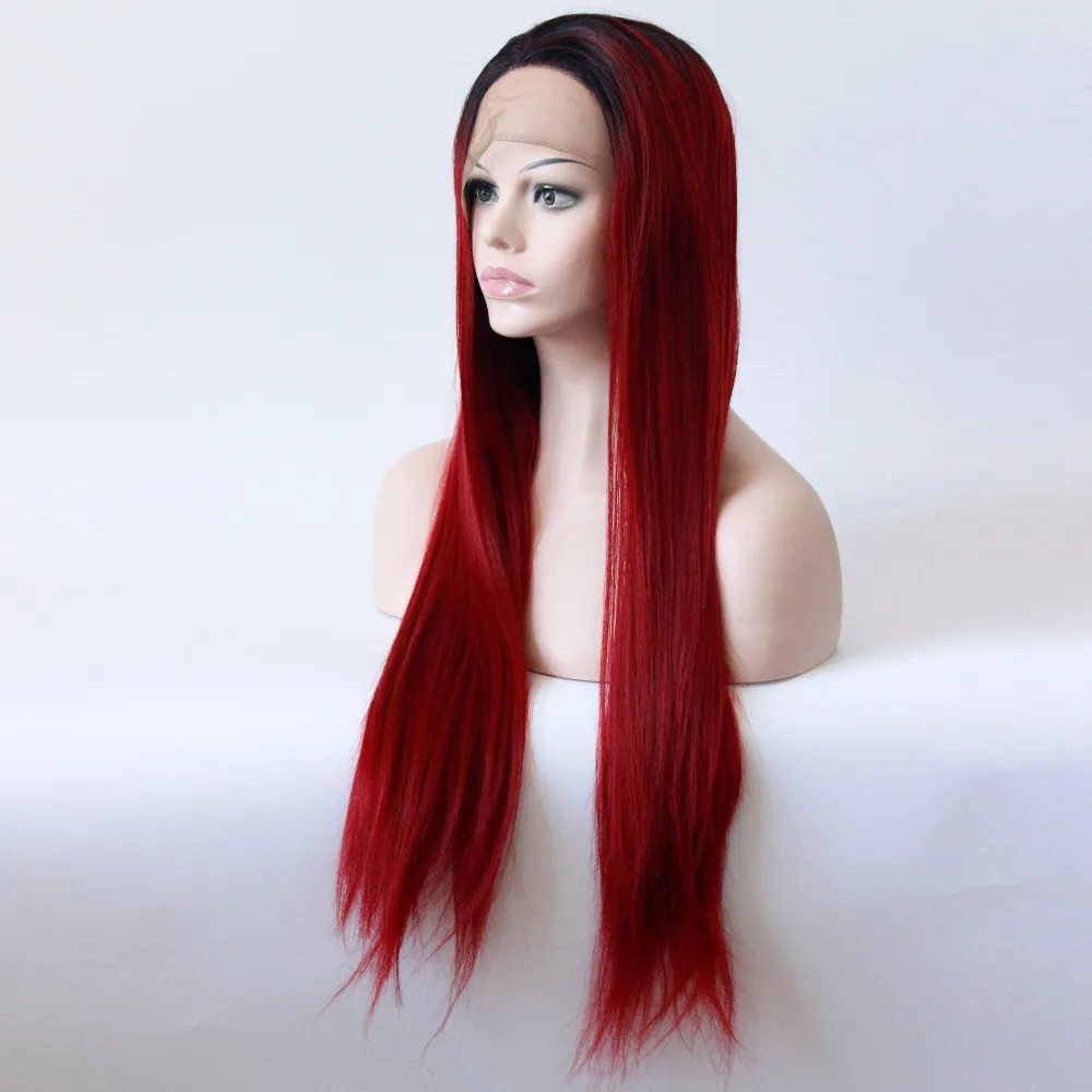 alt=''Black to Wine Red Ombre Long Straight High Temperature Fiber Heat Resistant Natural Synthetic Lace Front Women Wigs with Natural Hairline''-4
