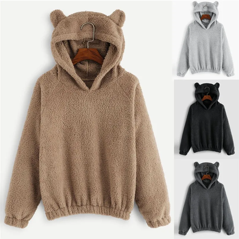 Cute Harajuku Womens Sweatshirts Hoodie Crop Tops Solid Cat Ear Long Sleeve Cropped Sweatshirt Hooded Pullover Moletom 40OC50