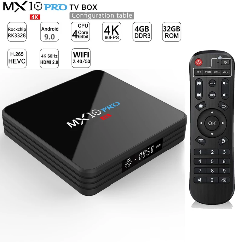 

MX10 Pro Smart TV Box Android 9.0 RK3328 Quad Core 4GB RAM 32GB ROM 4K HDR Smart Box 2.4G/5G WIFI USB 3.0 Bluetooth Media Player