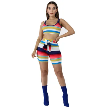 2019 women summer multi color stripes print short tank top tie up waist shorts suit sporting two piece set tracksuit
2019 women summer multi color stripes print short tank top tie up waist shorts suit sporting two piece set tracksuit