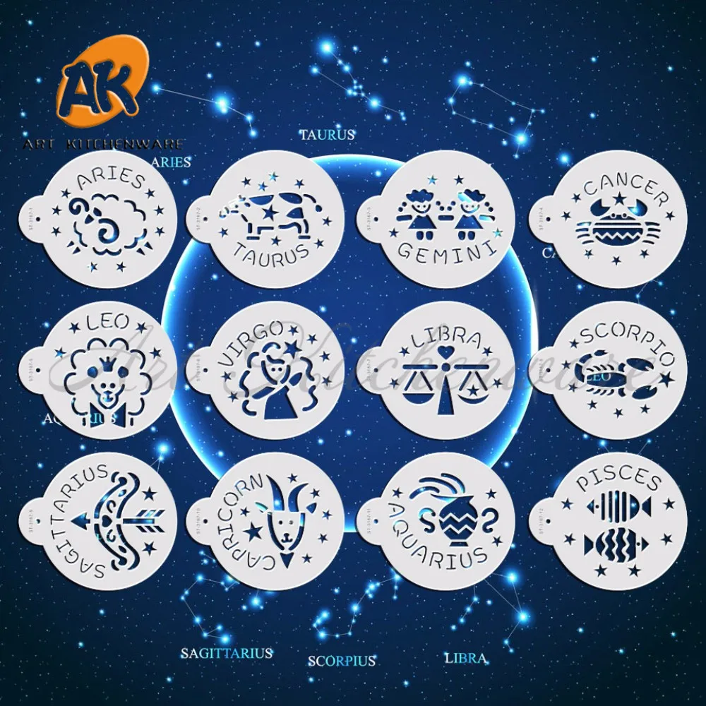 Twelve Zodiac Signs Cup Cake Decorating Tools Fondant Cake Stencil Design Cookie Stencil Set Coffee Stencil Pastry Tools ST3187S
Twelve Zodiac Signs Cup Cake Decorating Tools Fondant Cake Stencil Design Cookie Stencil Set Coffee Stencil Pastry Tools ST3187S