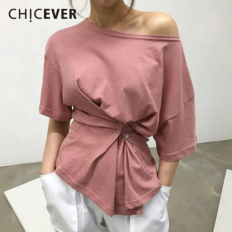 CHICEVER Summer Casual Solid Knitting Women T-shirt Skew Collar Short Sleeve Irregular Button High Waist Female Top Clothing New
CHICEVER Summer Casual Solid Knitting Women T-shirt Skew Collar Short Sleeve Irregular Button High Waist Female Top Clothing New