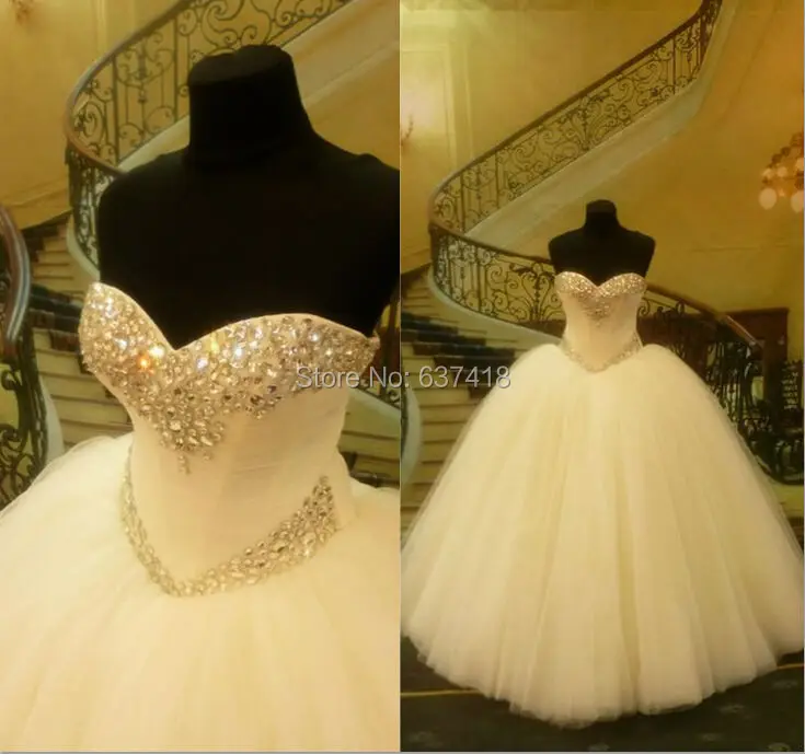 Gorgeous Tulle Ball Gown Wedding Dresses Vestidos de Novia with Crystals Stones Strapless Lace up Back Vestido de Noiva 2015
Gorgeous Tulle Ball Gown Wedding Dresses Vestidos de Novia with Crystals Stones Strapless Lace up Back Vestido de Noiva 2015