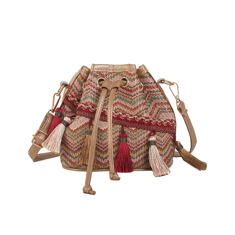 Bohemian Leisure Ladies Bucket Crossbody Bag Weaving Women Shoulder Bag Drawstring Dumplings Handbag Beach Bag
Bohemian Leisure Ladies Bucket Crossbody Bag Weaving Women Shoulder Bag Drawstring Dumplings Handbag Beach Bag