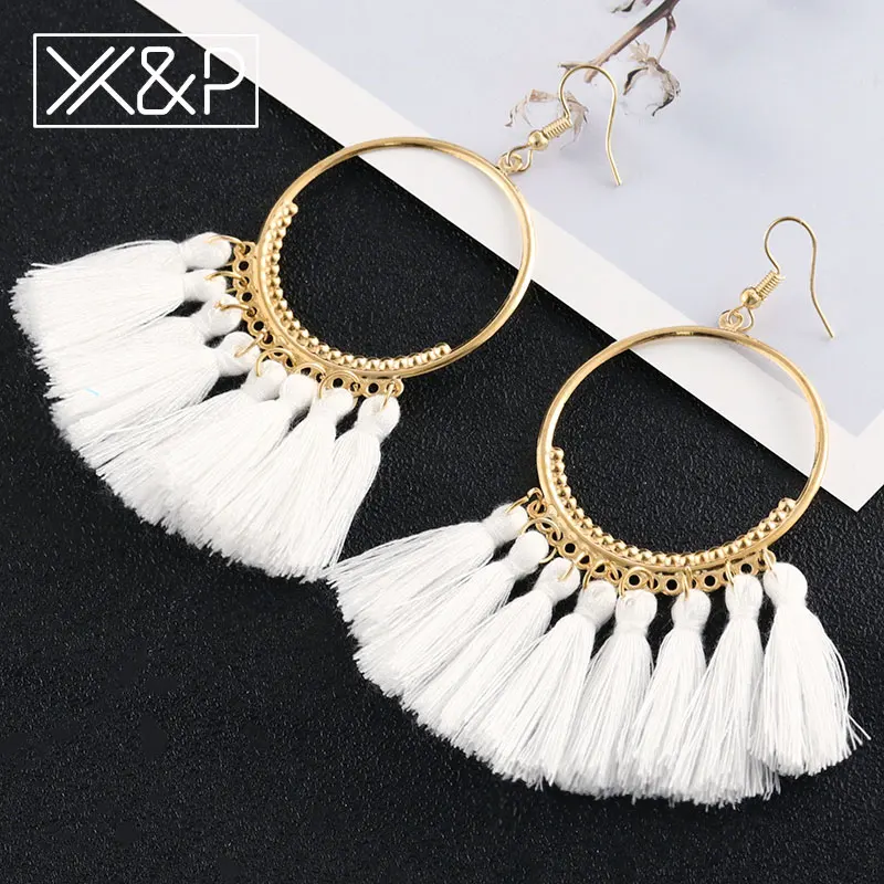 X&P Bohemian Drop Tassel Earrings for Women Fashion Ethnic Long Gold Circle Silk Fabric Fringe Dangle Tassel Earring Jewelry
X&P Bohemian Drop Tassel Earrings for Women Fashion Ethnic Long Gold Circle Silk Fabric Fringe Dangle Tassel Earring Jewelry