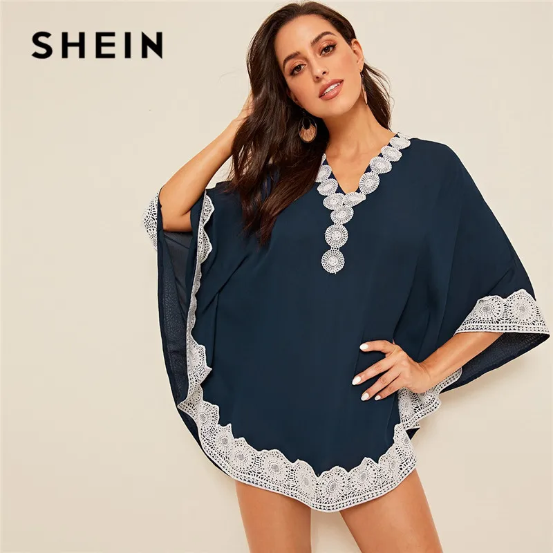 SHEIN Boho V Neck Lace Insert Cover Up Women Tops Navy Curve Hem Comfortable Three Quarter Sleeve Kimono Loose Summer Tops
SHEIN Boho V Neck Lace Insert Cover Up Women Tops Navy Curve Hem Comfortable Three Quarter Sleeve Kimono Loose Summer Tops