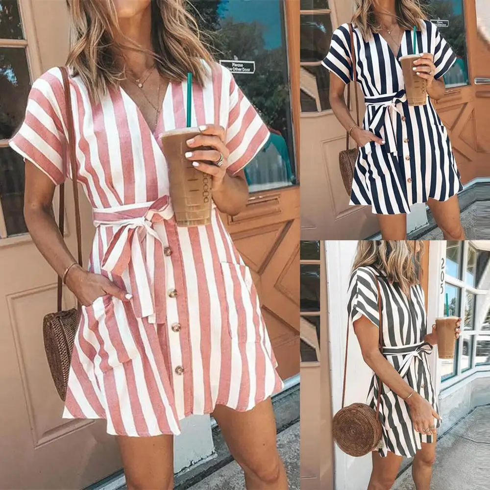 Women Dress Casual Striped Button Up V-Neck Shirt Dress 2019 Short Sleeve Loose Summer Beach Mini Dress Women Vestido de verano
Women Dress Casual Striped Button Up V-Neck Shirt Dress 2019 Short Sleeve Loose Summer Beach Mini Dress Women Vestido de verano