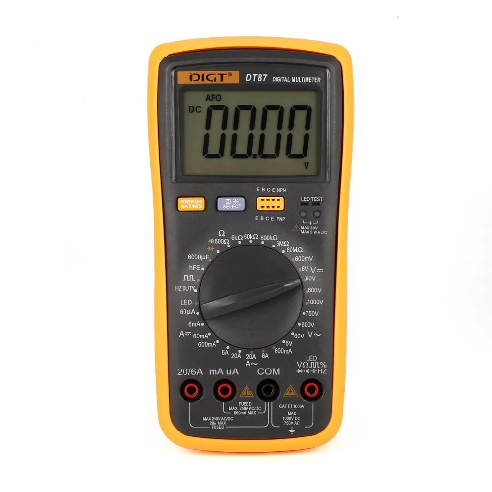 DT87 Portable Digital Multimeter 5999 Counts AC/DC Volt Amp Ohm Capacitance Frequency Duty Cycle Diode hFE Continuity Tester
DT87 Portable Digital Multimeter 5999 Counts AC/DC Volt Amp Ohm Capacitance Frequency Duty Cycle Diode hFE Continuity Tester