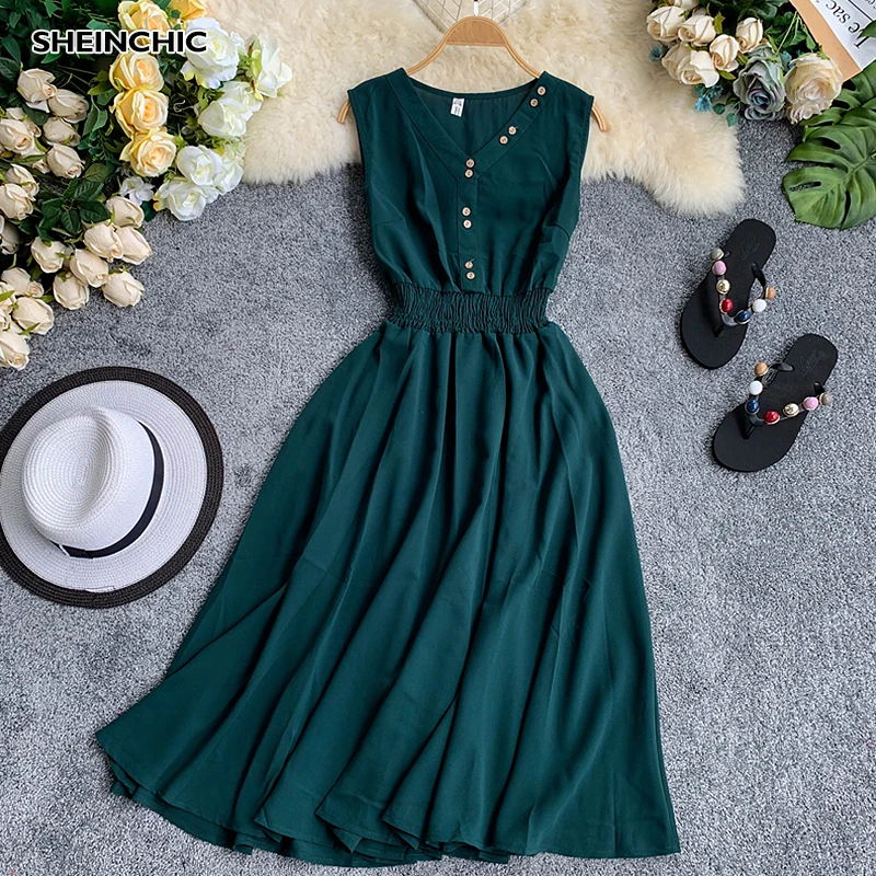 Single Breasted V Neck Women Green Red Black Midi Dress Summer 2019 Sleeveless Elegant Dress A Line Vacation Beach Casual Dress
Single Breasted V Neck Women Green Red Black Midi Dress Summer 2019 Sleeveless Elegant Dress A Line Vacation Beach Casual Dress