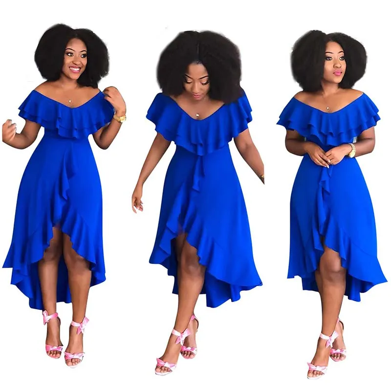 

African Sexy Solid Blue Ruffled Big Swing Dress Women Elegant Front Short Back Long Lrregular Party Club Dresses Africa Clothing