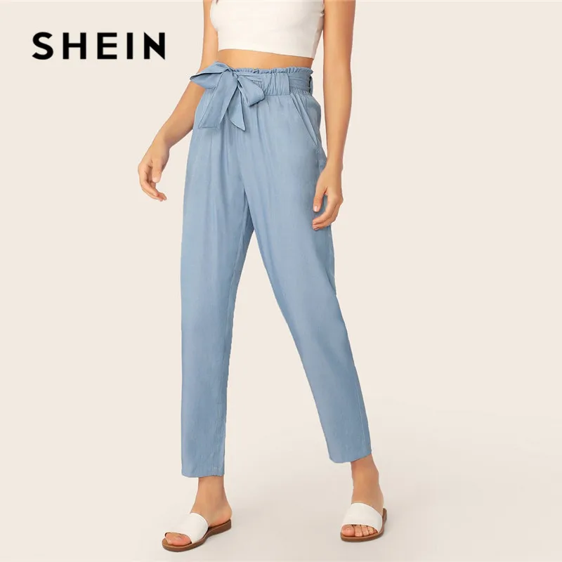 

SHEIN Paperbag Waist Self Belted Pants Women Clothes 2019 Blue Casual High Waist Pants Solid Elastic Waist Spring Summer Pants
