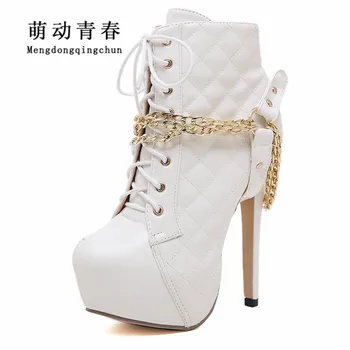 Fashion Women Ankle Boots Round Toe Metal Chain Decoration Lace Up High Heels Winter Boots Sexy Platform Nightclub Knight Boots
Fashion Women Ankle Boots Round Toe Metal Chain Decoration Lace Up High Heels Winter Boots Sexy Platform Nightclub Knight Boots