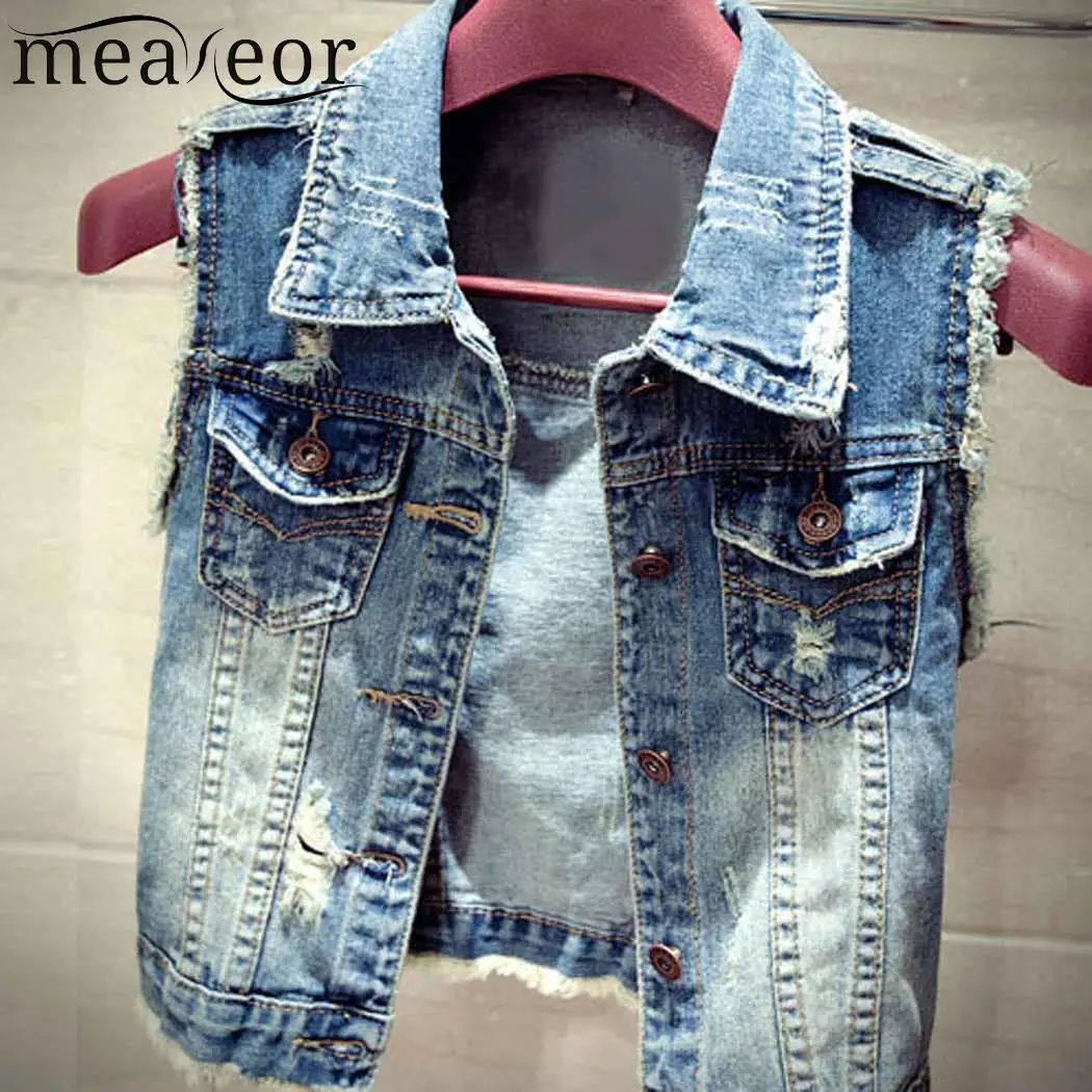 Turn Casual Women Down Collar Sleeveless Frayed Denim Vest Jacket | Женская одежда