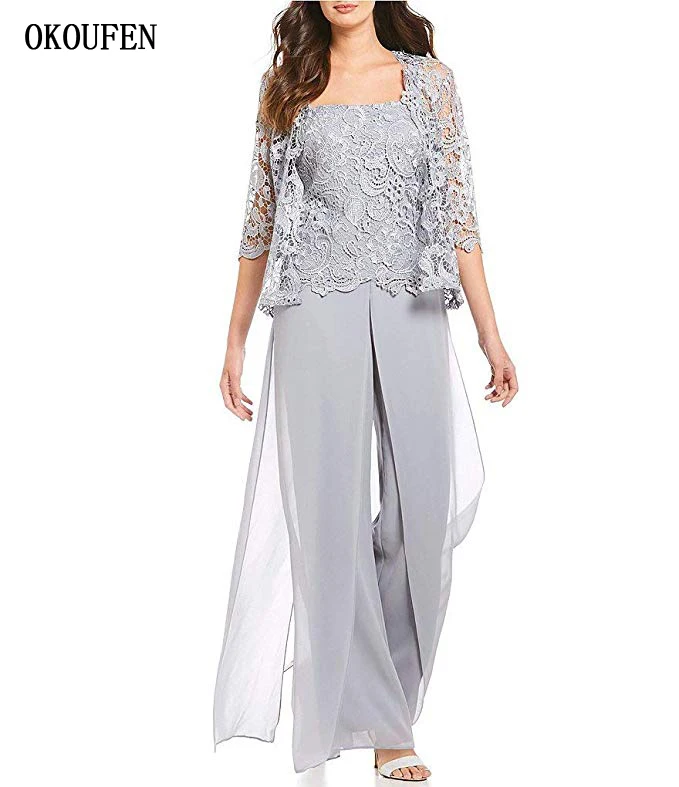 OKOUFEN Mother Of The Bride Groom Dresses Set 2019 Pantsuits Lace Jacket Silver 3 Piece Wide Pants vestido de madrinha farsali
OKOUFEN Mother Of The Bride Groom Dresses Set 2019 Pantsuits Lace Jacket Silver 3 Piece Wide Pants vestido de madrinha farsali