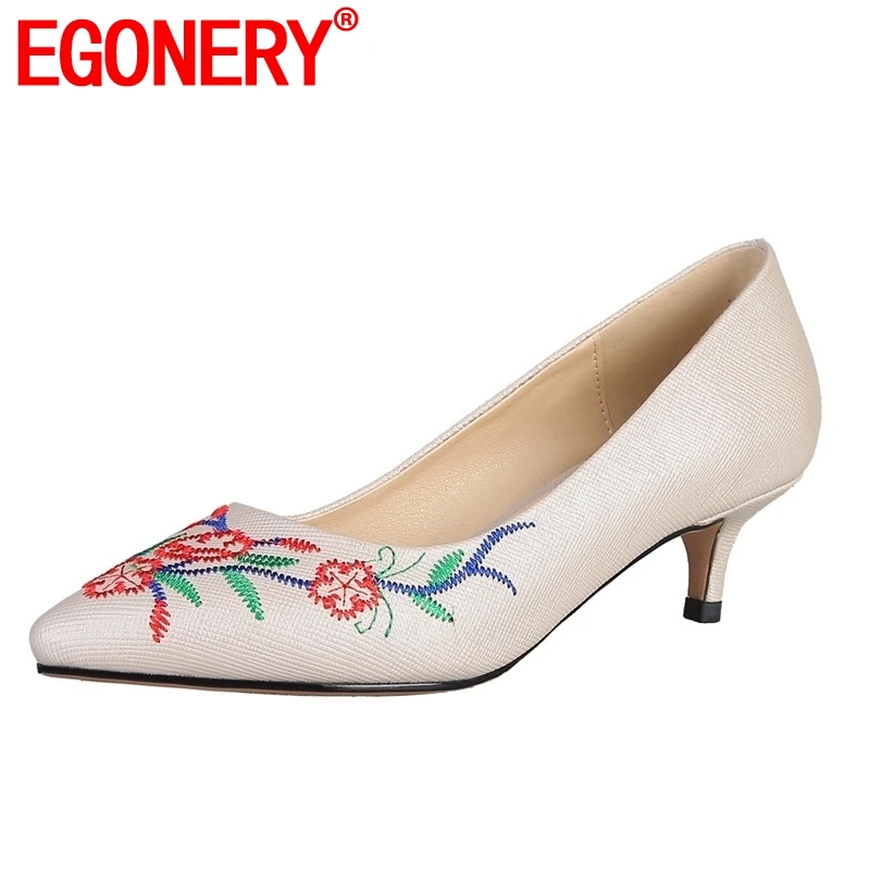 

EGONERY shoes woman spring new hot sale fashion pointed toe embroider woman pumps outside med thin heels shallow ladies shoes